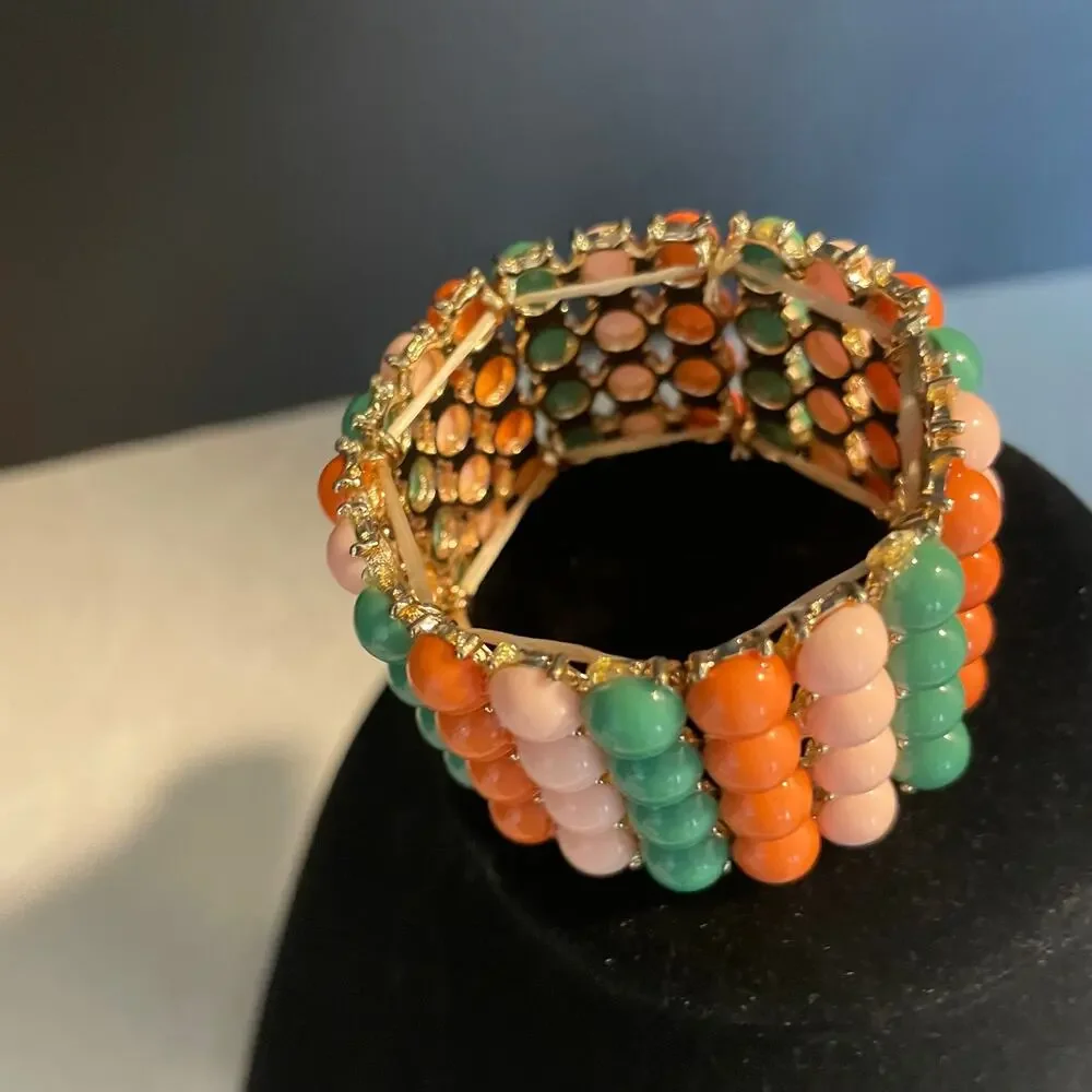 Vintage beaded statement bracelet multi color beads gold tone boho jewelry